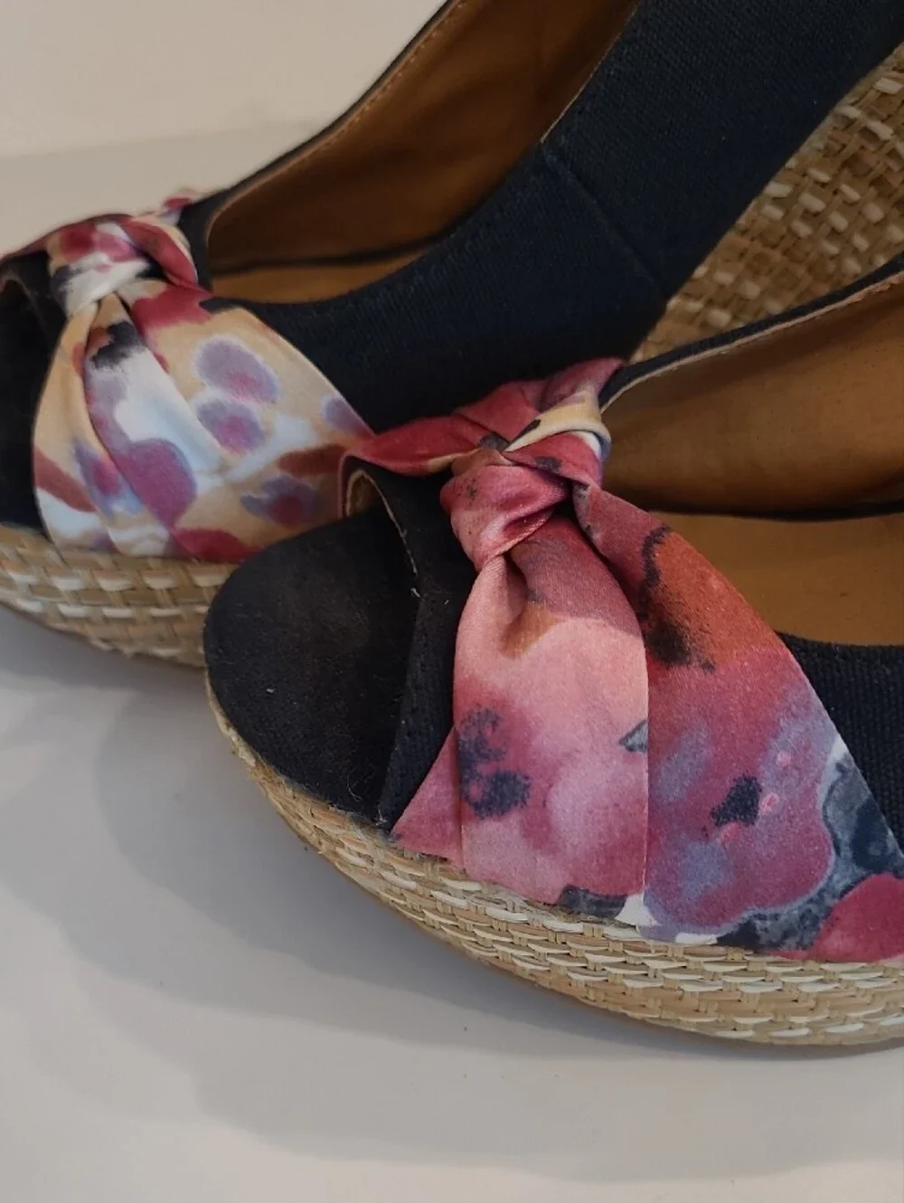 Maurices Wedge Sandals Pink Floral Knot Slingback Espadrille Peep Toe Weave Heel